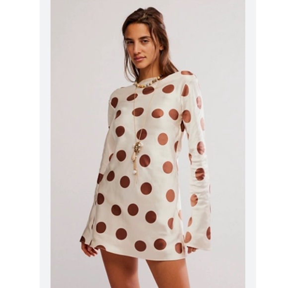 Free People Dresses & Skirts - Free People Dress Tigre Printed Mini Satin in Tea Combo Polka Dot Brown Cream